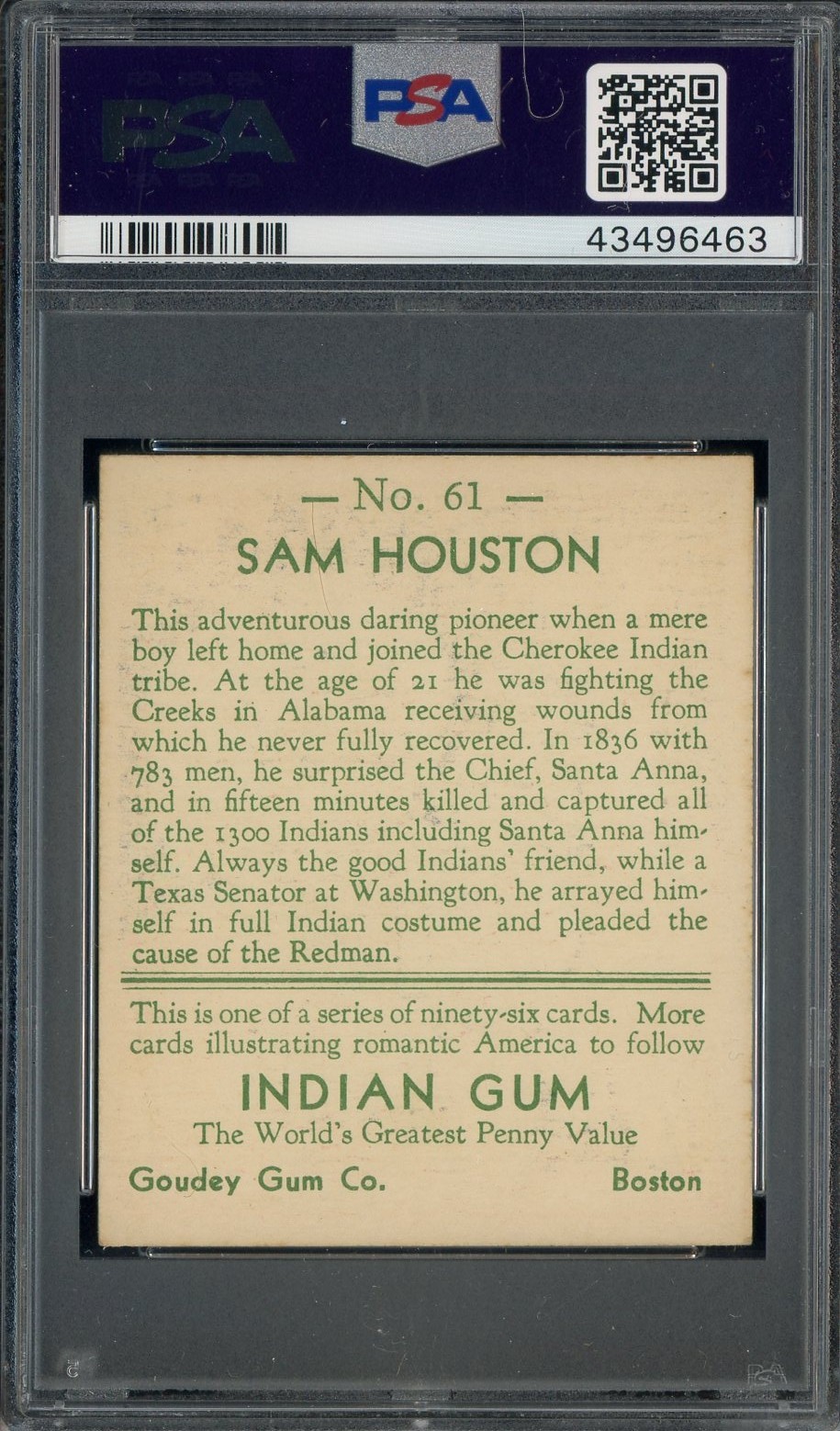 1933 Goudey Indian Gum #61 Sam Houston PSA 4 VG-EX view 2