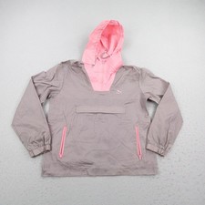 Vintage Puma Jacket Womens Medium Gray Pink Stripes Windbreaker Anorak 1/4 Zip