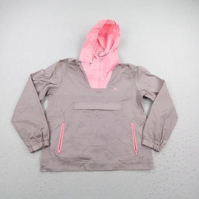 Vintage Puma Jacket Womens Medium Gray Pink Stripes Windbreaker Anorak 1/4 Zip
