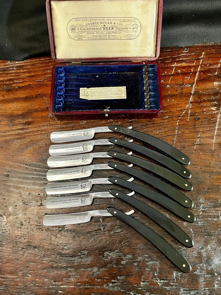 Maquinillas de afeitar rectas antiguas GEORGE BUTLER & Co. de 7 días + vitrina. Sheffield siglo XIX Foto 4 de 4