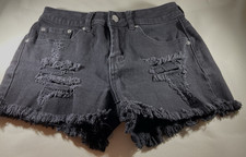 Almost Famous Women's Denim Shorts Black Junior Size 3 Distressed Thrashed Cute