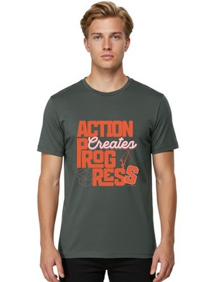 Action-Creates-Progress Mens Graphic Tee,100% Cotton,Casual Summer Wear