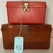 2 Wilson Wil Hold Sewing Boxes Red Amber Plastic Notions Trays Scissors 132