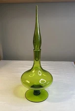 Blenko 6212 Decanter Wayne Husted Design in Olive Green w/ Flame Stopper