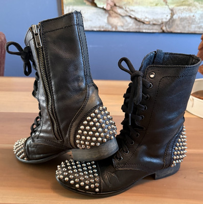 Womens Steve Madden Tarnney Black Leather Spiked Gothic Biker Boots Size 9 M