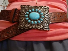 WOMEN WESTERN BROWN LEATHER TURQUOISE BUCKLE size M belt length is 43in NEW