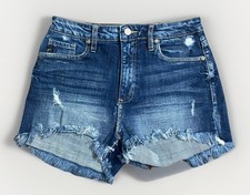 Kancan Distressed Denim Jean Shorts, Dark Wash Frayed Raw Hem, Women s Size 28