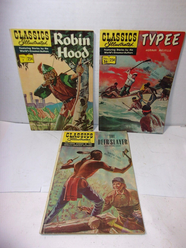 3 CLASSICS ILLUSTRATED Comic Book Lot Robin Hood Deer Slayer Typee vintage