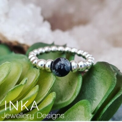 INKA Sterling Silber Stapel Stretch Ring Daumenring mit Obsidian Perle