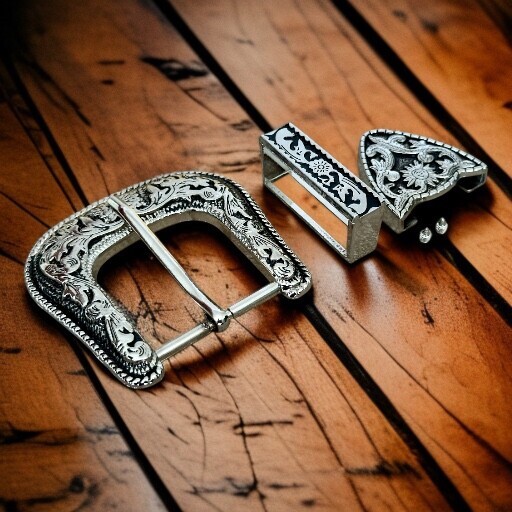 Western 3-Piece Belt Buckle Set Floral Engraved Silver Metal Cowboy Rodeo Style View 2