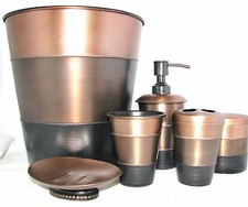 6 PC SET COPPER,ROSE+BROWN STRIPES METAL SOAP DISPENSER+DISH+TUMBLER+TRASH+JAR+