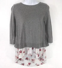 LOFT Outlet Petite Women XSP Sweater Blouse Hi Lo Slit Back Floral ¾ Sleeve Gray
