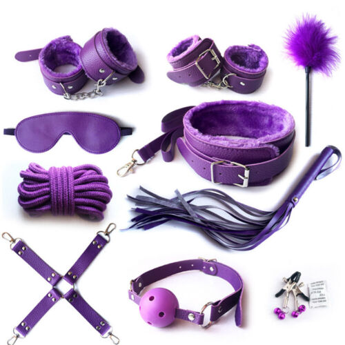 10pcs Adult Sexy BDSM Bondage Set Kit Hand Cuffs Foot cuff Whip Rope SM Toys UK- - Picture 9 of 27