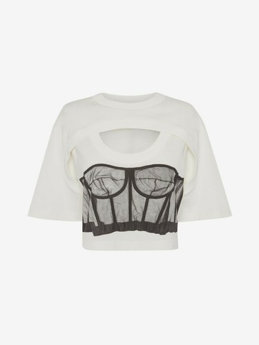 Alexander McQueen Bianco Trompe L'Oeil Cut Out Corto T-Shirt Con Bustino  Stampa | eBay