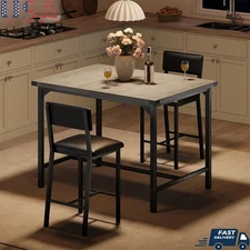 Compact Dining Table Set 2 W/ Metal Corner Guards & Cushioned Bar Chairs New