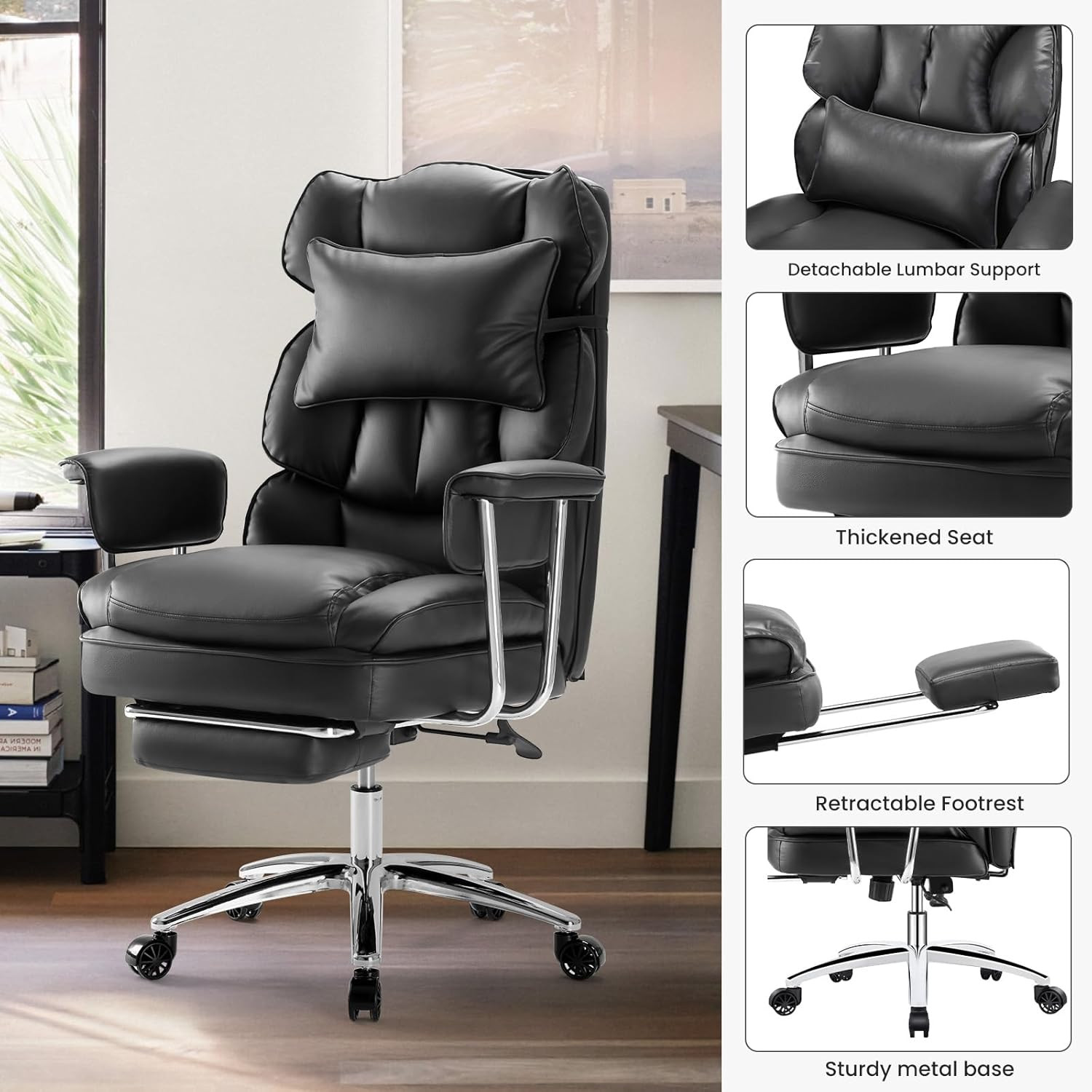 Ergonomic Big & Tall Office Chair with Foot Rest, Swivel, Adjustable Height, Bla