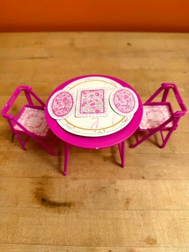 Vintage Barbie Pink Table & Folding Chairs Set – Table, 2 Chairs + Accessories