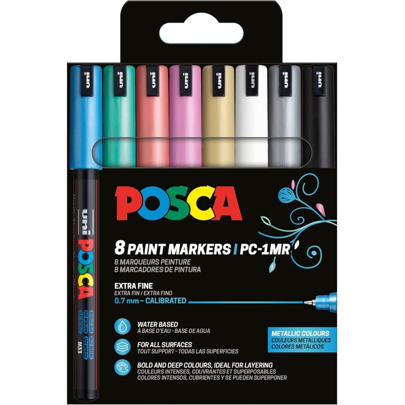 Pochette 8 marqueurs POSCA PC1MR couleurs métalliques pointe extra fine