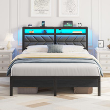 Bed Frame Queen Size with Charging Station, LED Bed with Upholstered Storage Hea