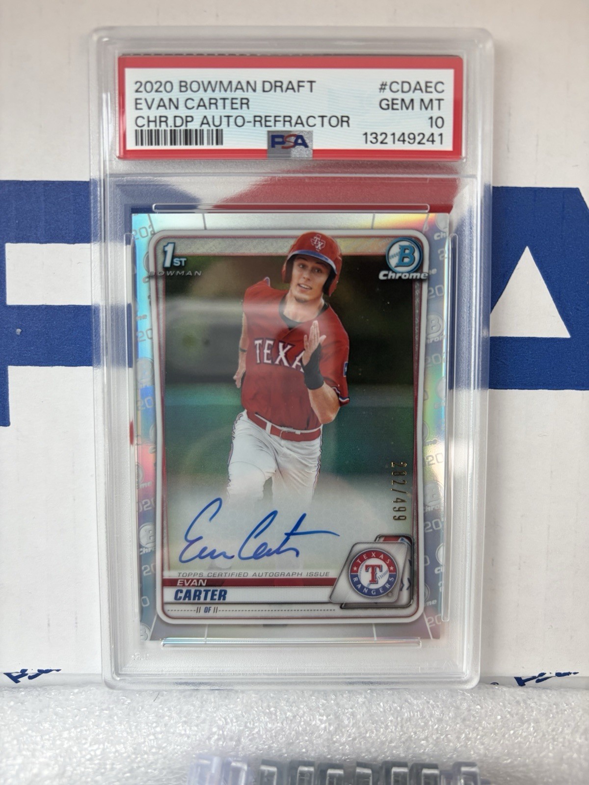 2020 Bowman Draft Chrome Draft Picks Auto Evan Carter Refractor /499 PSA 10 Gem