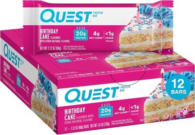 Quest Nutrition Birthday Cake Protein Bars  20g Protein 1g Sugar 4g Net 12 count