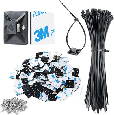 3/4'' Strong Back-Glue Self Adhesive Black Cable Zip Tie Mounts 100Pcs with 8'' Zi