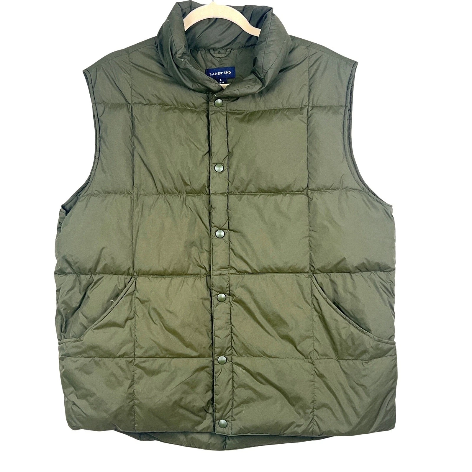 Lands End Puffer Vest Mens L Quilted Snap Front Olive Green Gorpcore Winter