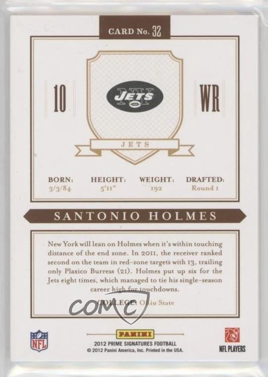 2012 Panini Prime Signatures /499 Santonio Holmes #32 - Image 2 of 2