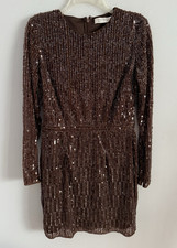 MAC DUGGAL Dress Evening Gown Sequin Mini Espresso Brown Long Sleeve Size 8 NWT
