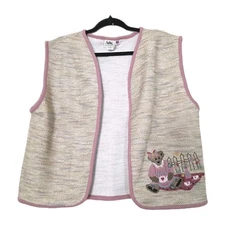 Vintage Grandmacore Teddy Bear Vest Womens L Beige Pink Cottagecore 90s Dainty