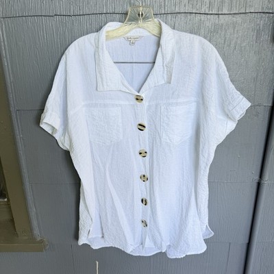 John Mark Tunic Top Blouse Women s L White Button Down Oversized Short Sleeve