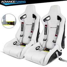 Bucket Racing Seat Reclinable Dual Slider White Pu Carbon Leather Buckle Belt X2