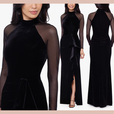 NEW 249 Betsy Adam 6 Valentina Long Velvet Mesh Illusion Sleeve Gown Q1254