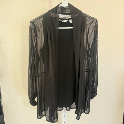 Susan Graver Womens Black Mesh Open Cardigan and Tank Top 2-Piece Set SP Small P