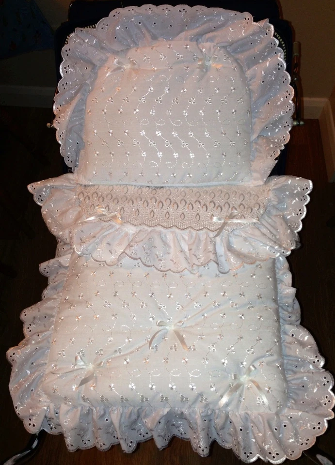 COACH BUILT PRAM BEDDING SET+ MATTRESS for Silver Cross Dolls -Broderie Anglaise
