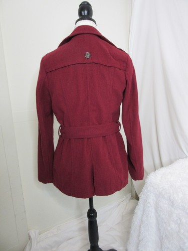 Bongo Pea Coat Dark Red Classic Double Breasted Belted Short Size Small - Picture 10 of 11