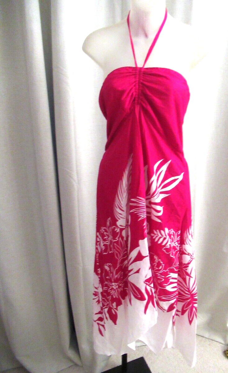 pink hawaiian print halter dress HULA HULA HAWAII Pink White Batik Tropical Paradise Halter Dress Sundress  XL NWT