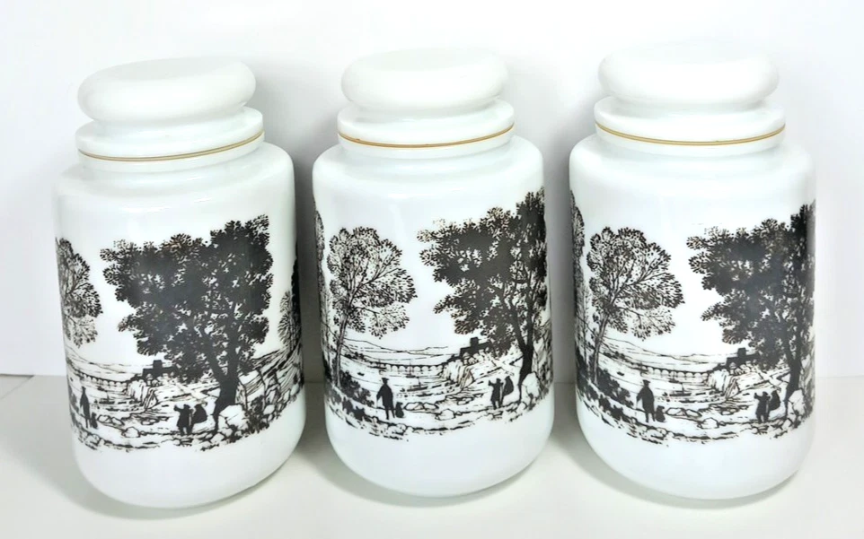 Kitchen Storage Jars Milk Glass Tea Coffee Sugar Canisters Vintage 70’s MCM x3