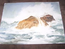 Original Watercolor By Peg Humphreys, Splashing OceanWaves on Boulders 16"x21.5"