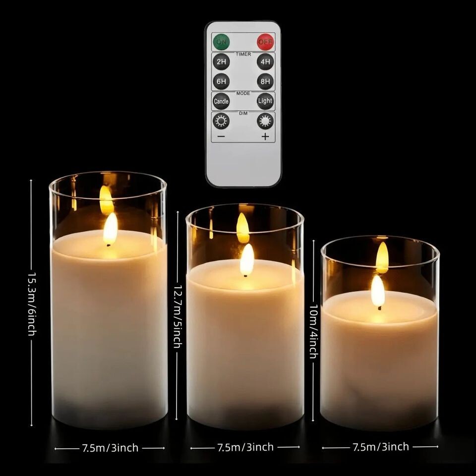 Set 3 Realistic Flameless LED Pillar Candles Acrylic Glass With Remote Control image 7