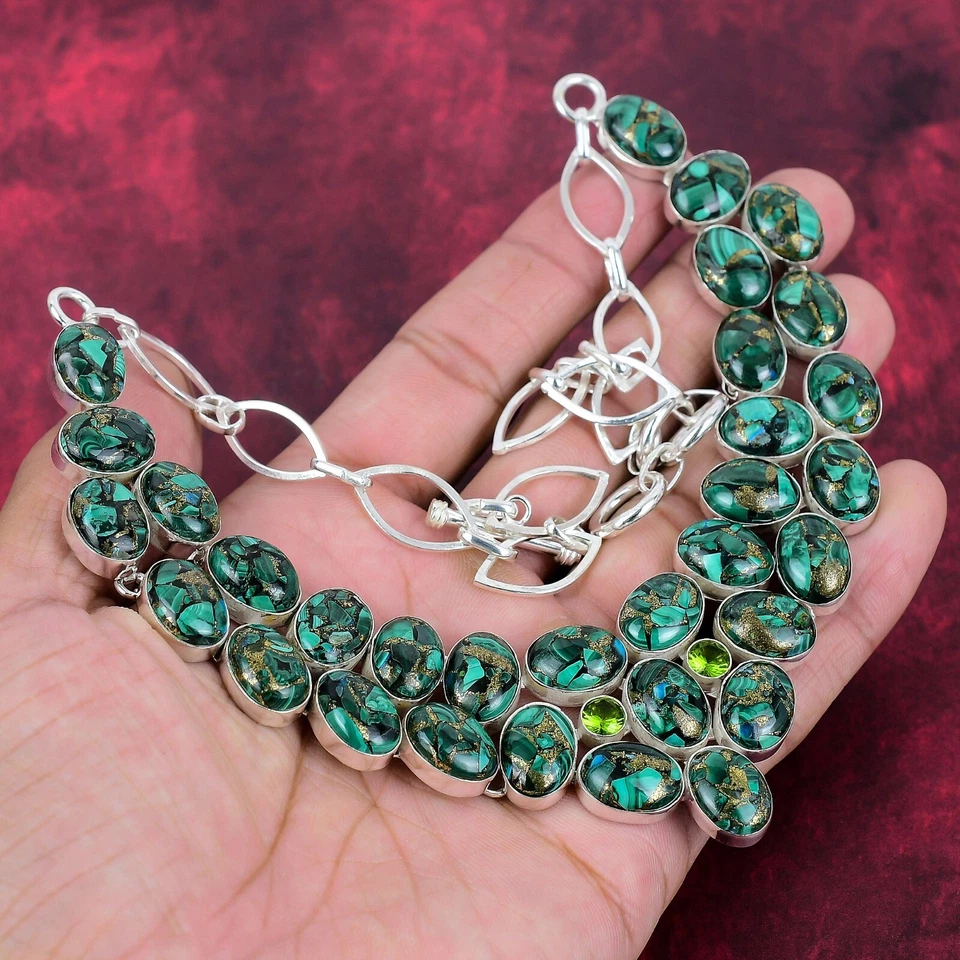 Collar bohemio de joyería de plata de ley 925 hecha a mano con piedras preciosas de malaquita de cobre Foto 2 de 4