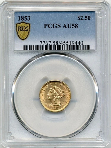 1853 US Coronet Head Quarter Eagle $2.50 Gold Coin - Choice About UNC, PCGS AU58