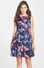 New Taylor Dresses Floral Print Scuba Fit & Flare multi colors 6 Midi sleeveless