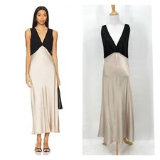 ENZA COSTA Silk Satin Nuit Dress Womens Medium Flax Tan Black Plunging V-neck