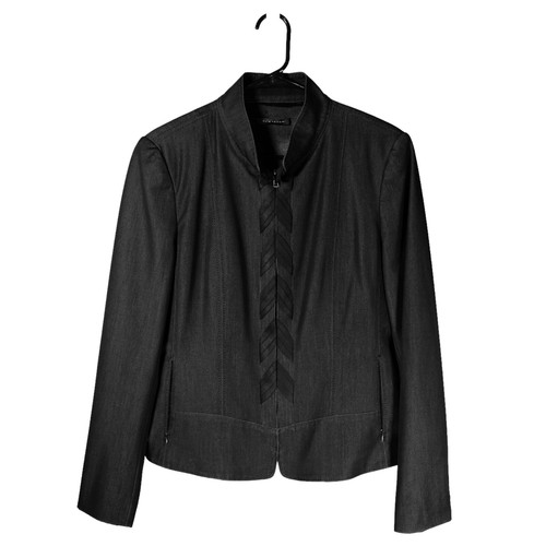 Elie Tahari Women's Jacket Gray Chambray Full Zip Mock Neck Ribbon Lined Moto 12