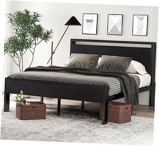 14 Inch Size Metal Platform Bed Frame with Wooden Headboard Queen Black Oak