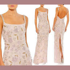 NWT 498 Mac Duggal 12 Hand Beaded Floral Spaghetti Strap Gown in Rose Q457
