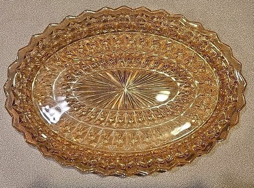 Vintage 11 1/2” Oval Honey Amber Iridescent Depression Glass Platter - Picture 2 of 3