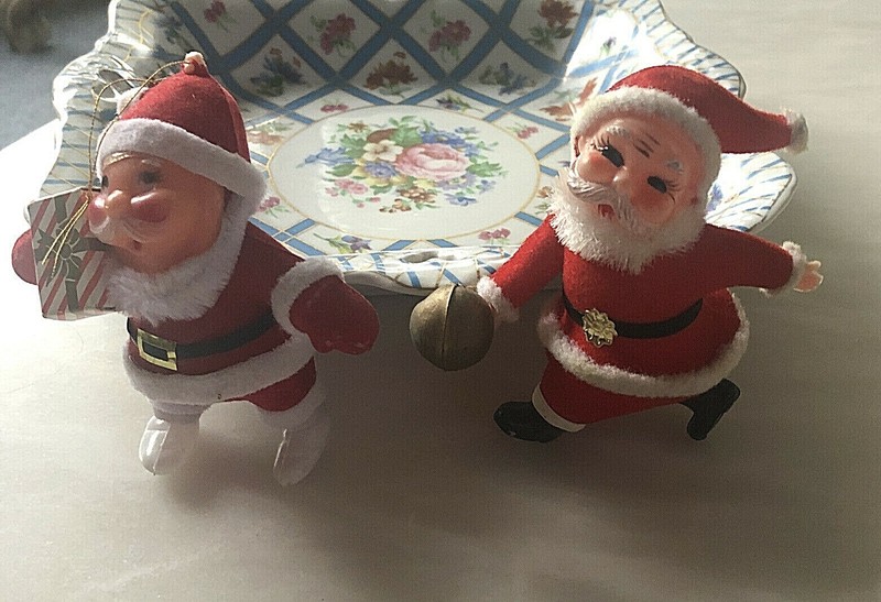 Set 2 Vintage Felt Flocked Bowling Santa Claus & Gift Santa Christmas Ornaments