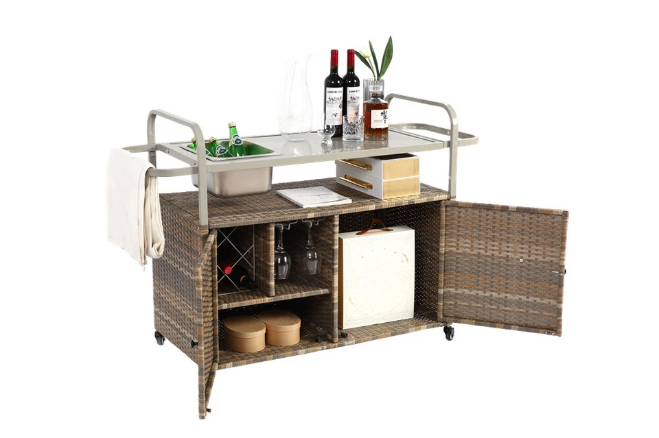 Outdoor Bar Table, Wicker Bar Cart with Cabinet, Patio Serving Cart for Garden B - Image 4 of 4